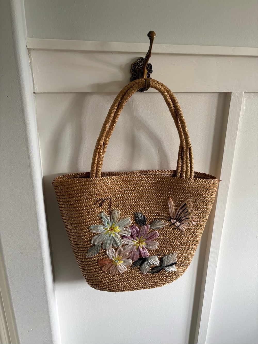Vintage Woven Raffia Straw Tote 3D Floral Butterfly Boho Bag